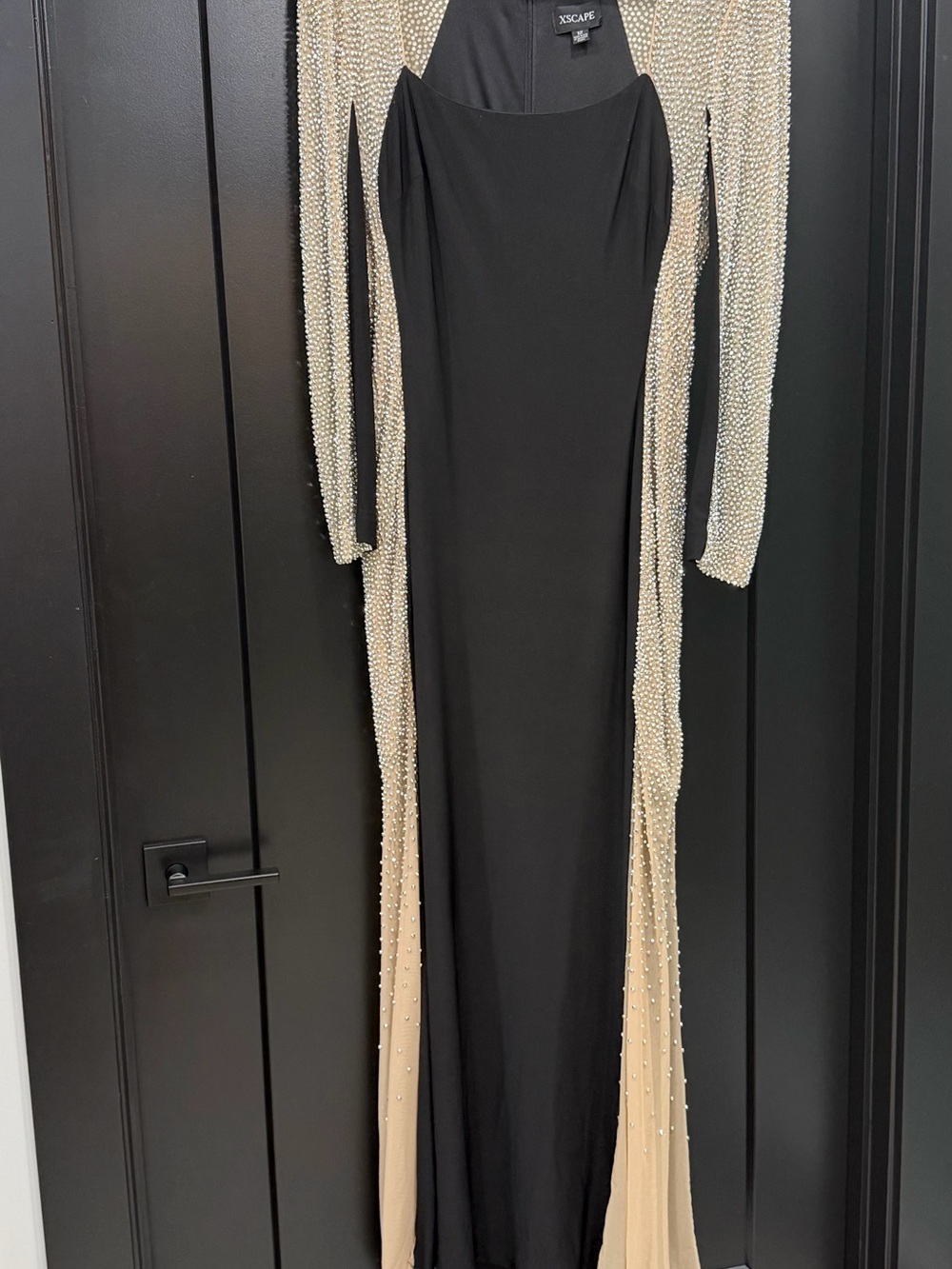 Xscape Black and Nude Pearl-Embellished Maxi Gown